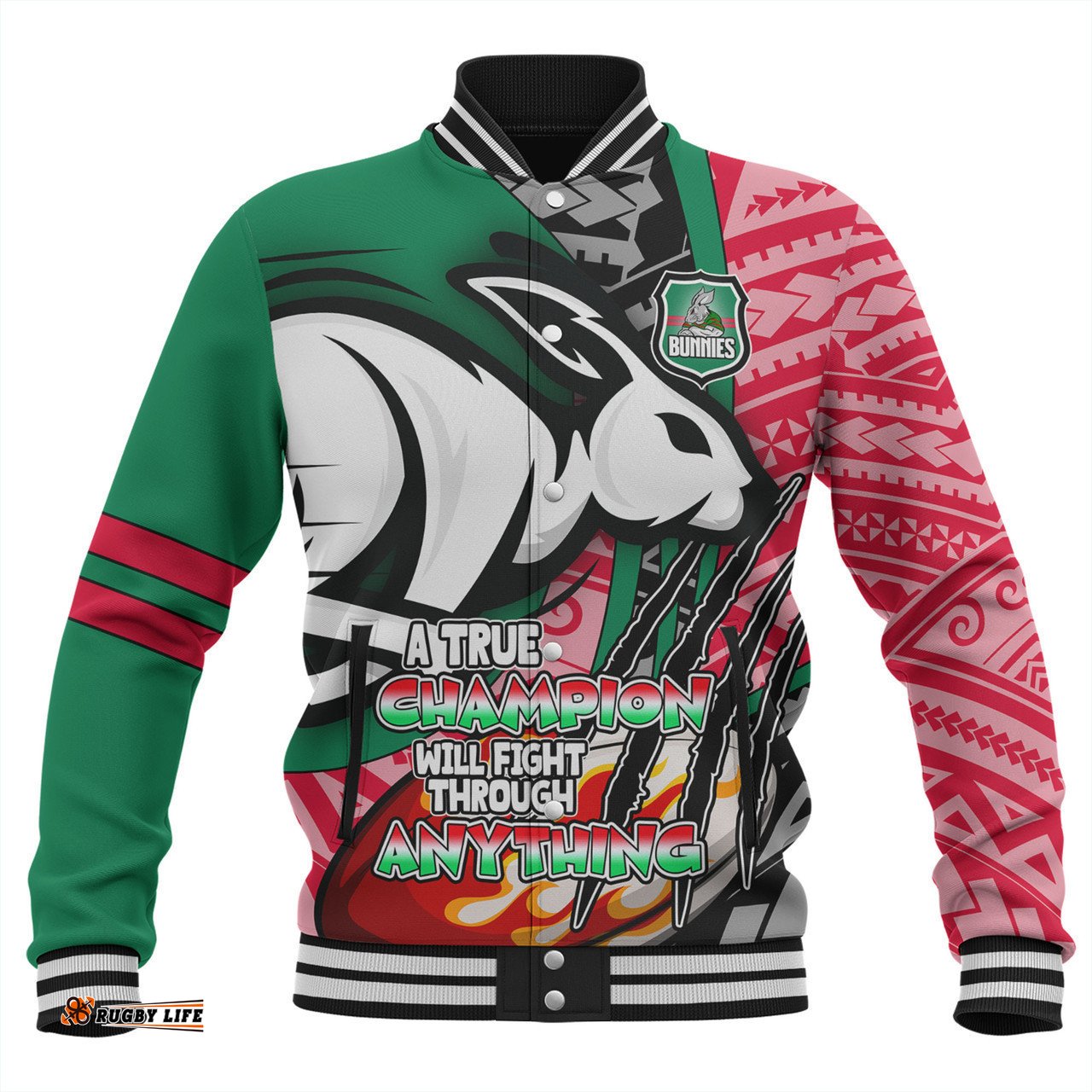 South Sydney Rabbitohs Grand Final Baseball Jacket - A True Champion Will Fight Through Anything With Polynesian Patterns