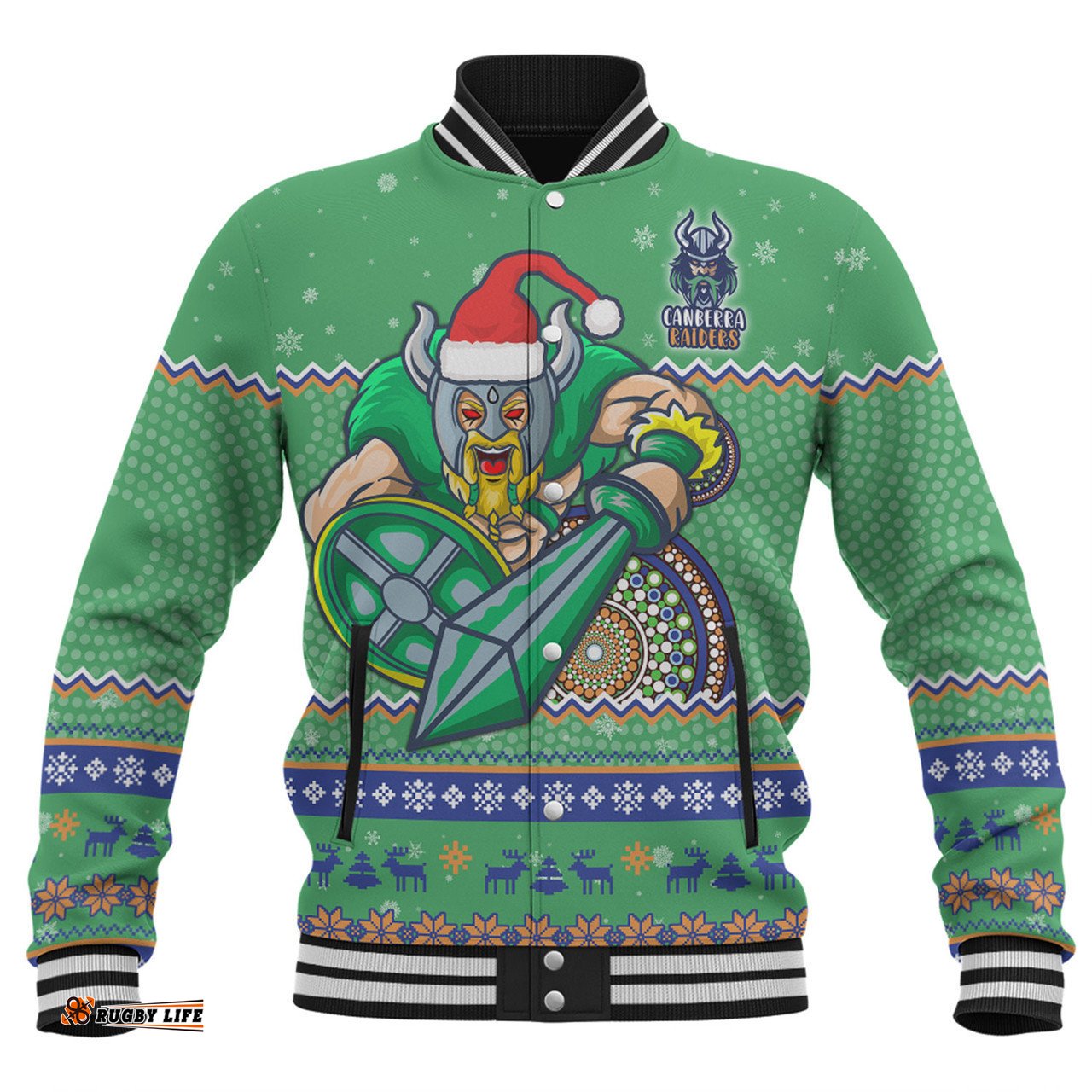Canberra Raiders Christmas Custom Baseball Jacket - Ugly Xmas And Aboriginal Patterns For Die Hard Fan Baseball Jacket