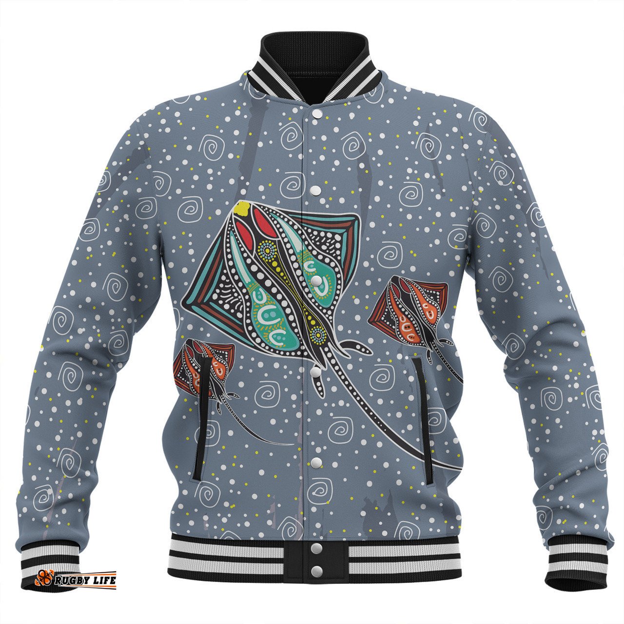 Australia Aboriginal Baseball Jacket - Stingray Art In Aboriginal Dot Style Inspired Baseball Jacket