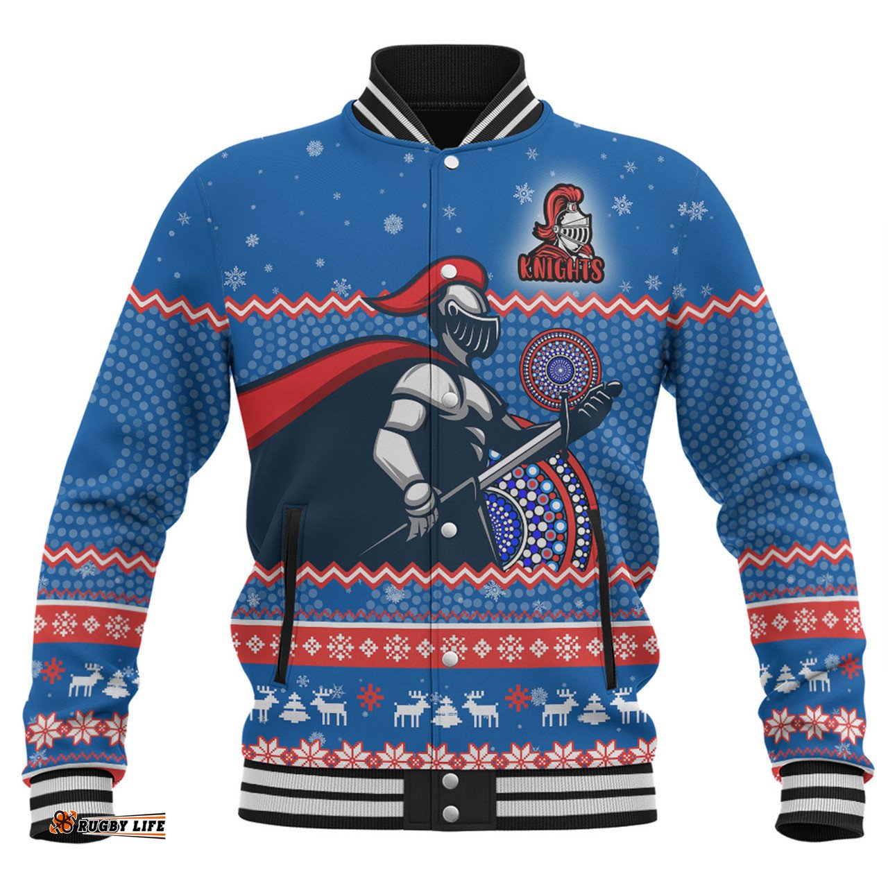 Newcastle Knights Christmas Custom Baseball Jacket - Ugly Xmas And Aboriginal Patterns For Die Hard Fan Baseball Jacket