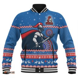 Newcastle Knights Christmas Custom Baseball Jacket - Ugly Xmas And Aboriginal Patterns For Die Hard Fan Baseball Jacket