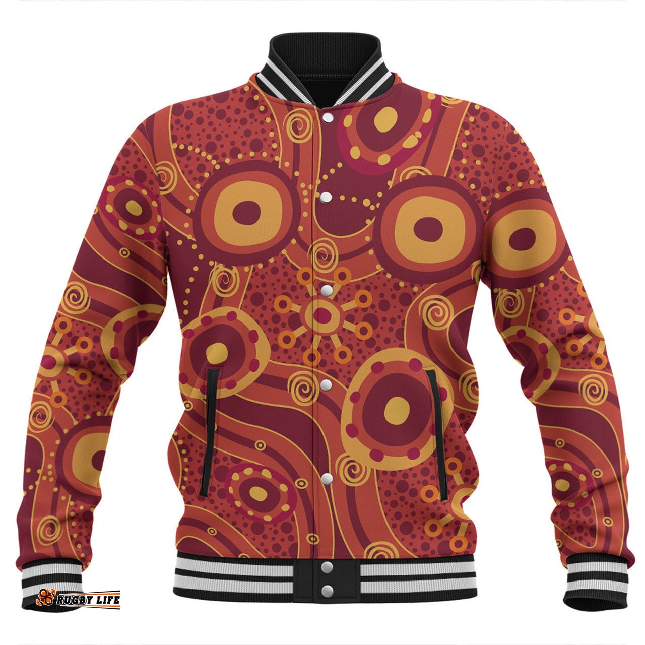 Australia Aboriginal Baseball Jacket - Red Aboriginal Dot Art Inspired Baseball Jacket