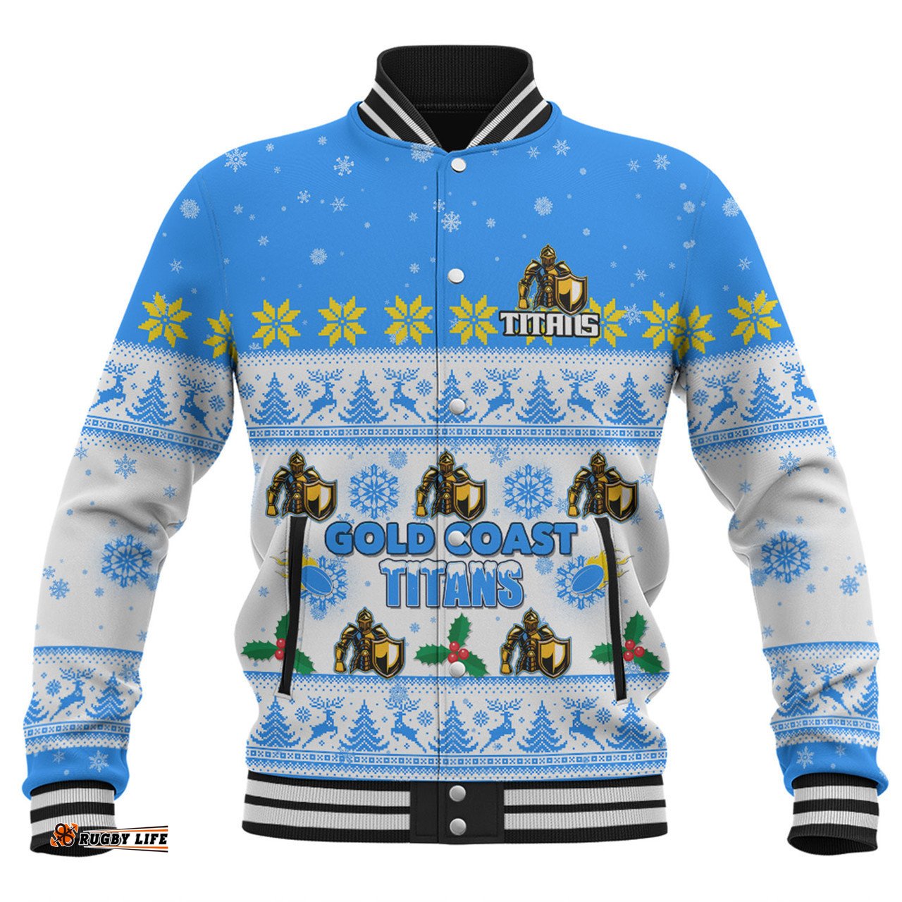 Gold Coast Titans Christmas Custom Baseball Jacket - Special Ugly Christmas Baseball Jacket