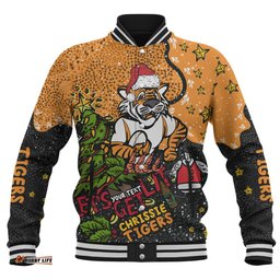 Wests Tigers Christmas Custom Baseball Jacket - Let's Get Lit Chrisse Pressie Baseball Jacket
