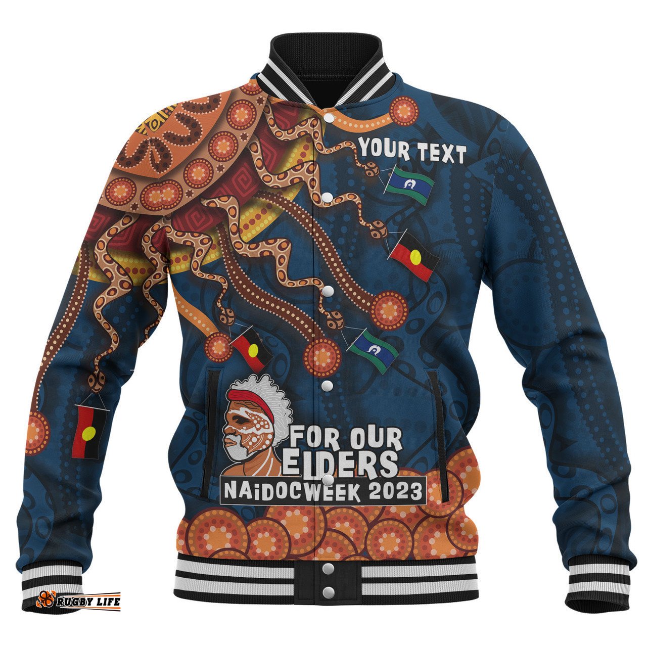 Australia Naidoc Week Custom Baseball Jacket - For Our Elders Naidoc Week Snake Aboriginal Painting With Flag (Blue)