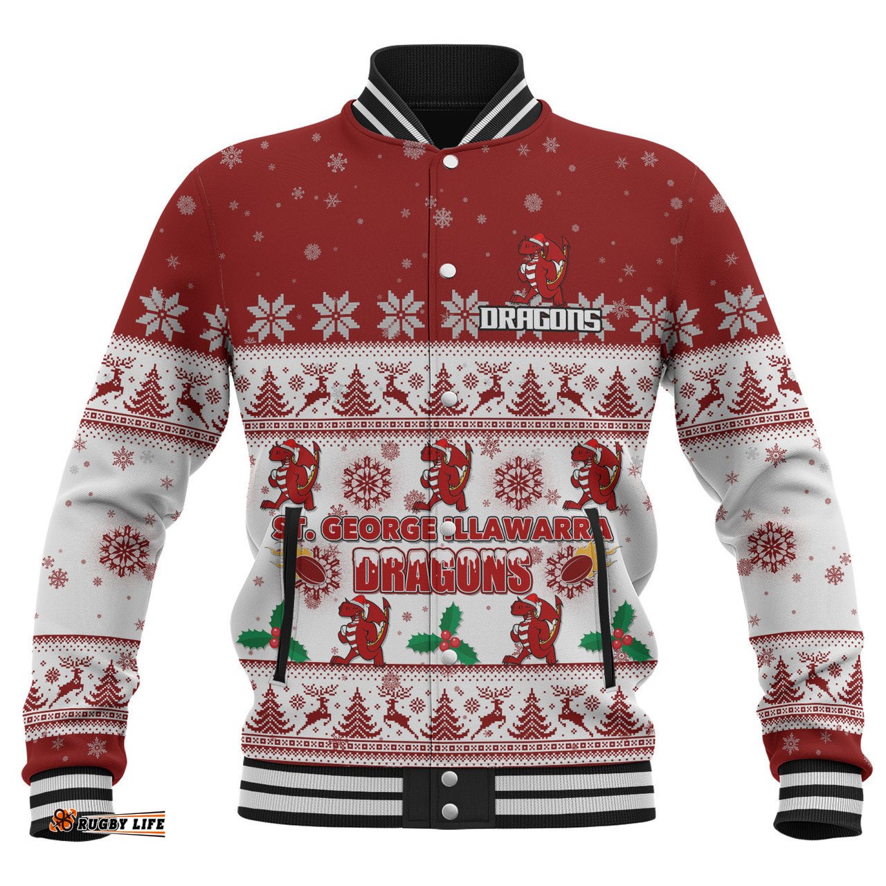 St. George Illawarra Dragons Christmas Custom Baseball Jacket - Special Ugly Christmas Baseball Jacket