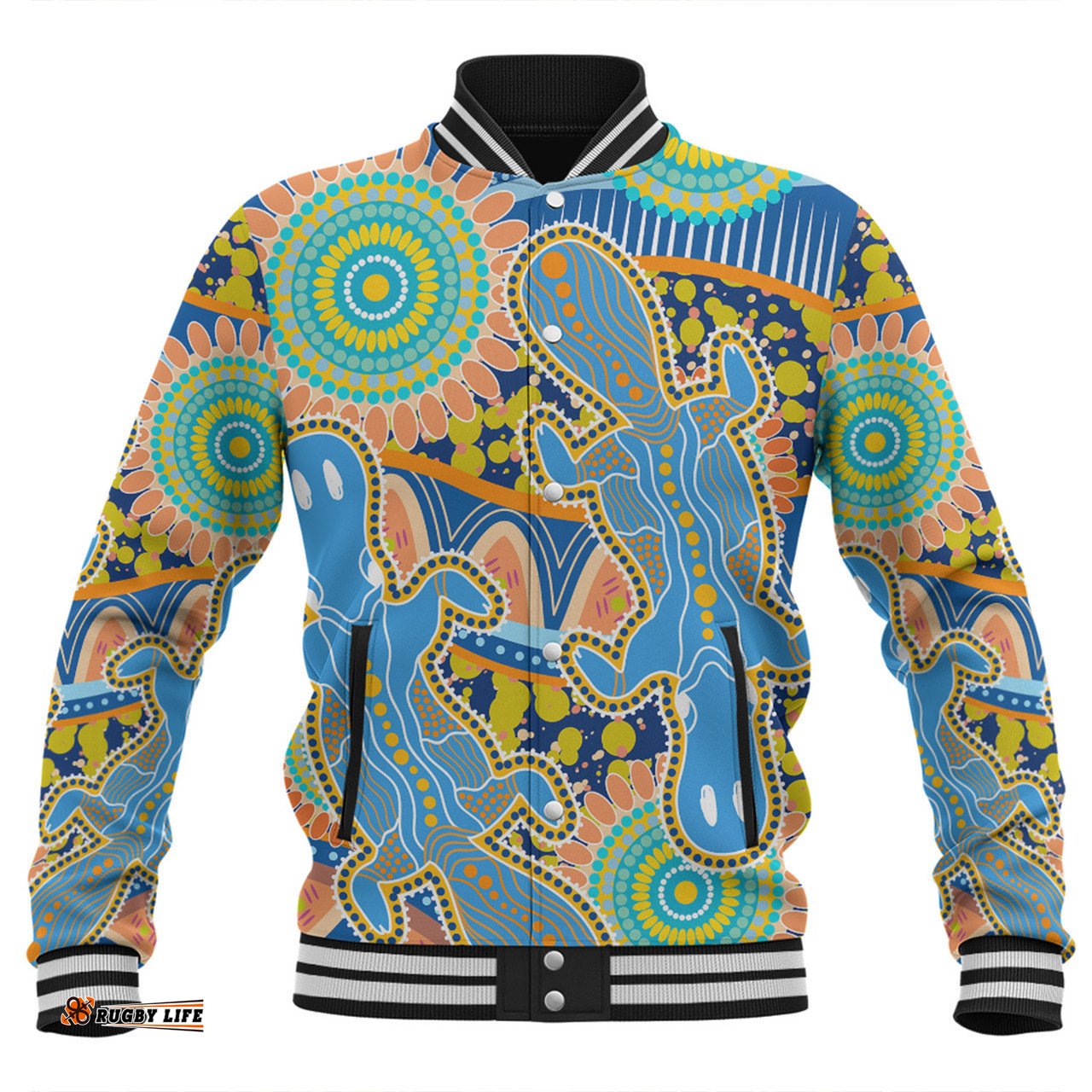 Australia Platypus Aboriginal Baseball Jacket - Blue Platypus With Aboriginal Art Dot Painting Patterns Inspired Baseball Jacket