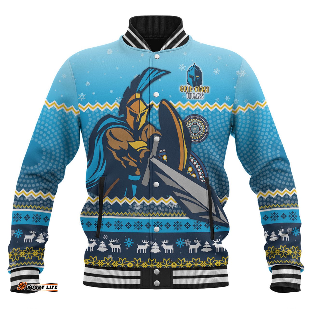 Gold Coast Titans Christmas Custom Baseball Jacket - Ugly Xmas And Aboriginal Patterns For Die Hard Fan Baseball Jacket