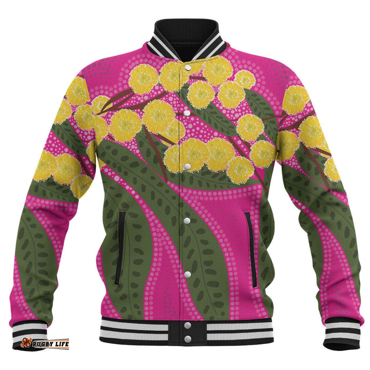 Australia Flowers Aboriginal Baseball Jacket - Australian Yellow Wattle Flowers Painting In Aboriginal Dot Art Style Baseball Jacket