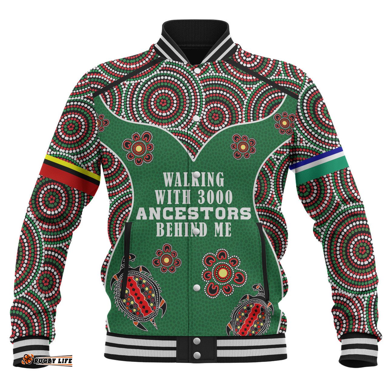 Australia Aboriginal Baseball Jacket - Walking with 3000 Ancestors Behind Me Green Patterns Baseball Jacket