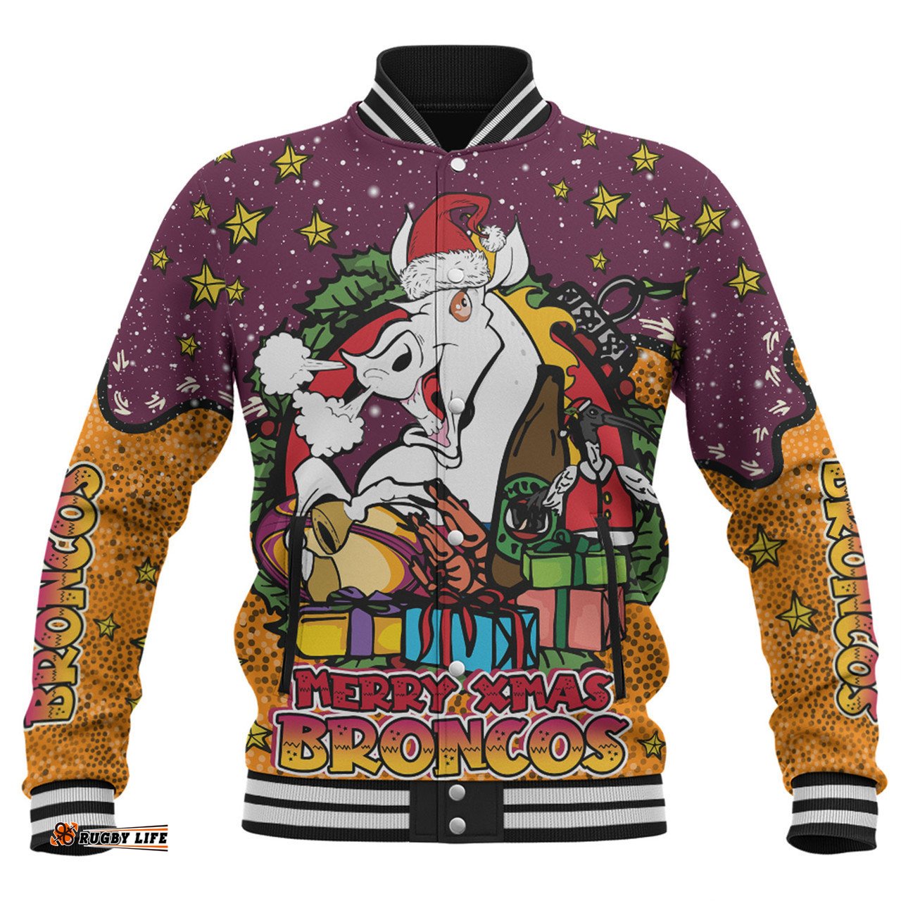 Brisbane Broncos Christmas Custom Baseball Jacket - Merry Christmas Our Beloved Team With Aboriginal Dot Art Pattern Baseball Jacket