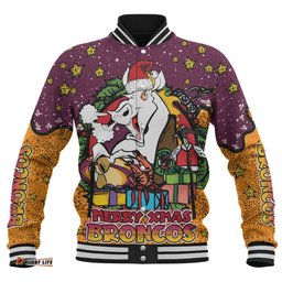 Brisbane Broncos Christmas Custom Baseball Jacket - Merry Christmas Our Beloved Team With Aboriginal Dot Art Pattern Baseball Jacket
