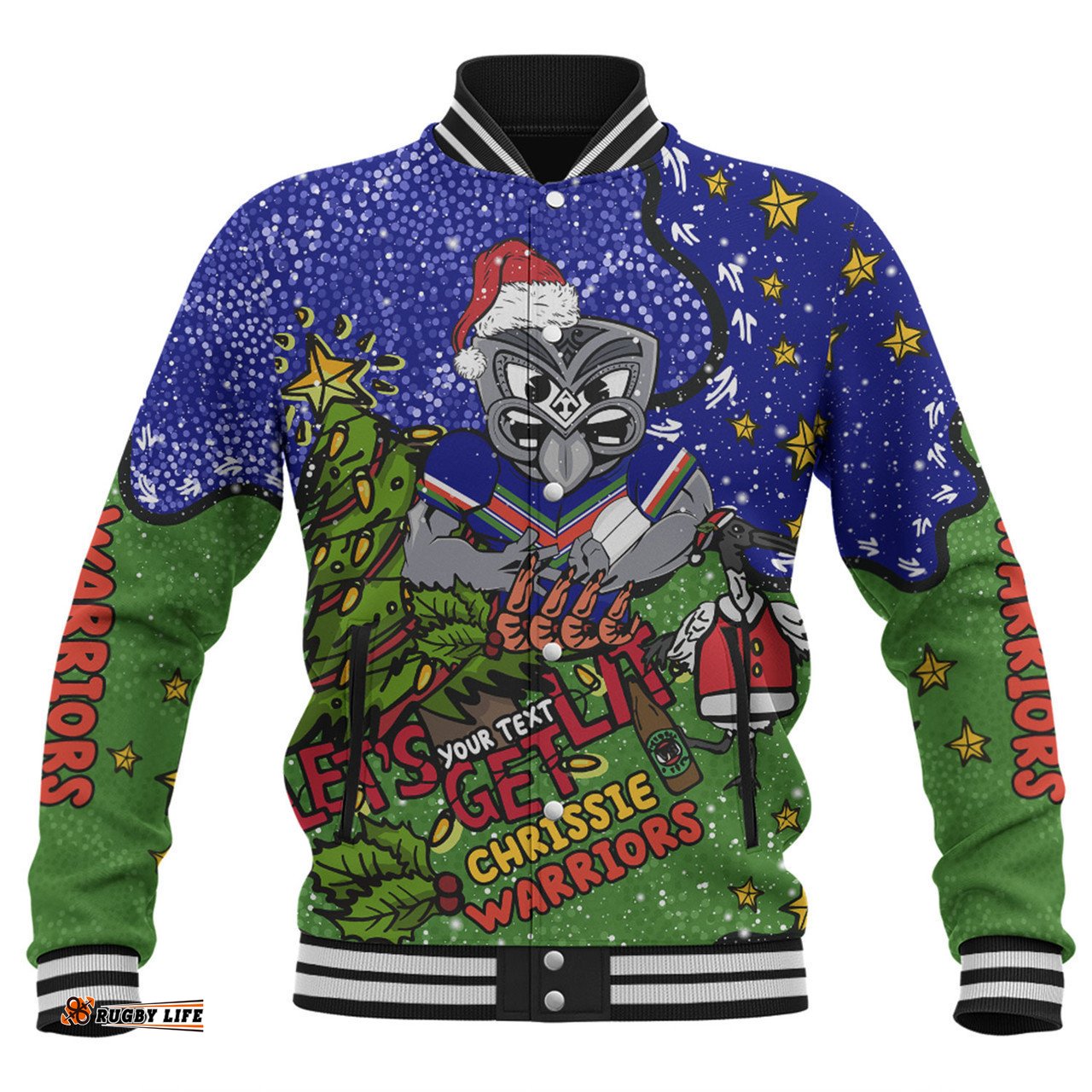 New Zealand Warriors Christmas Custom Baseball Jacket - Let's Get Lit Chrisse Pressie Baseball Jacket