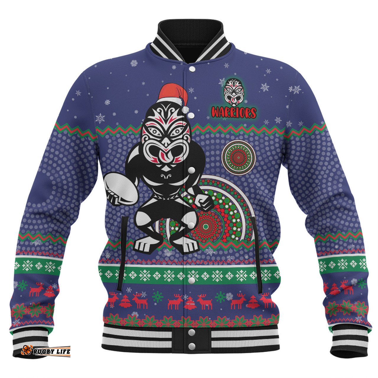 New Zealand Warriors Christmas Custom Baseball Jacket - Ugly Xmas And Aboriginal Patterns For Die Hard Fan Baseball Jacket