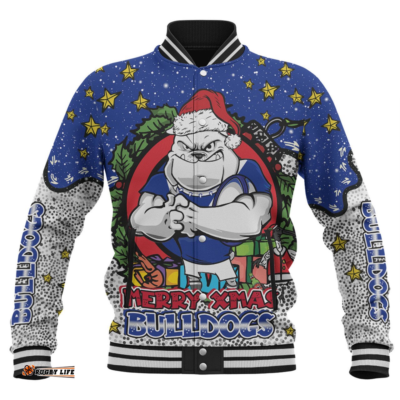 Canterbury-Bankstown Bulldogs Christmas Custom Baseball Jacket - Merry Christmas Our Beloved Team With Aboriginal Dot Art Pattern Baseball Jacket