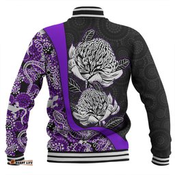 Australia Warratah Goanna Aboriginal Baseball Jacket - Waratah Flowers With Purple Lizards, Stones, Sand Dot Art Painting Inspired Baseball Jacket