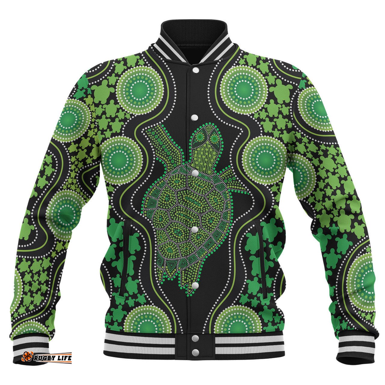 Australia Baseball Jacket - Aboriginal Art Green Turtle Inspired