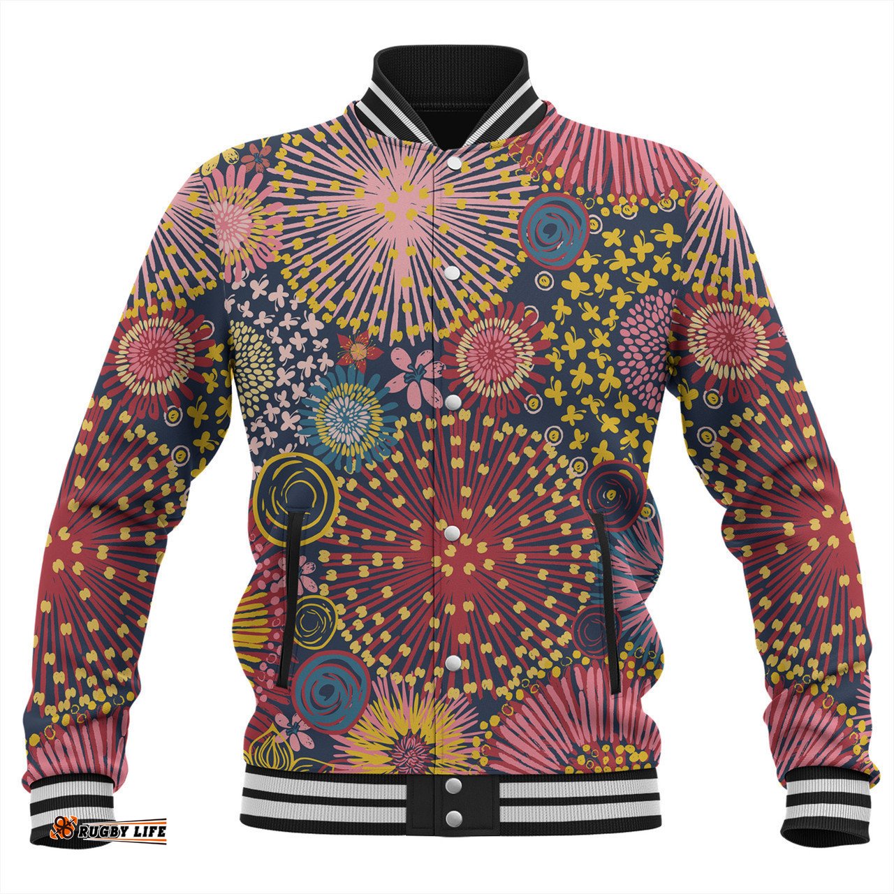 Australia Blooming Bright Flowers Baseball Jacket - Blooming Bright Flowers Meadow Seamless Art Inspired Baseball Jacket