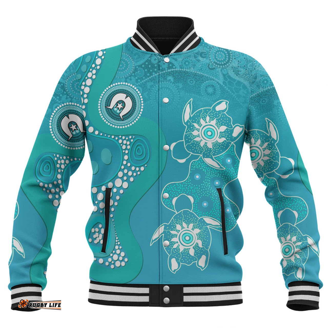 Amazing Aussie Australia Turtles Aboriginal Indigenous Dot Turtles In The Ocean (Turquoise) Baseball Jacket