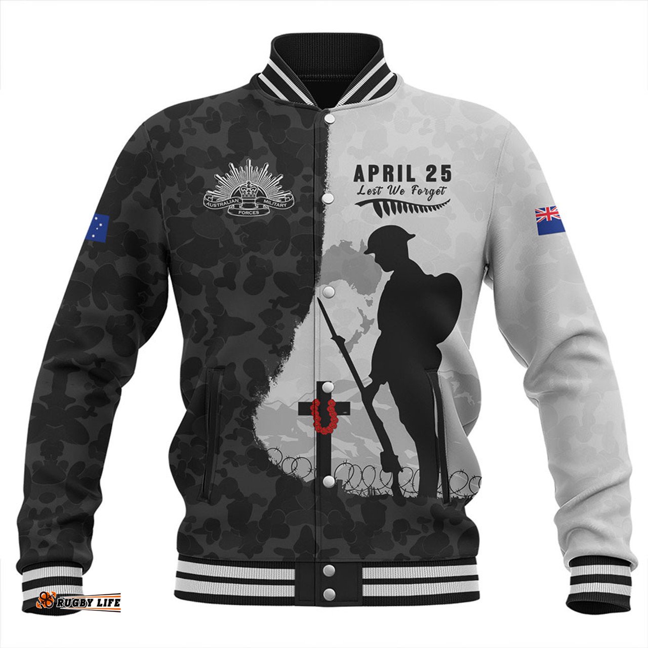 Amazing Aussie Australia Anzac Day Lest We Forget Black Grunge Style Baseball Jacket