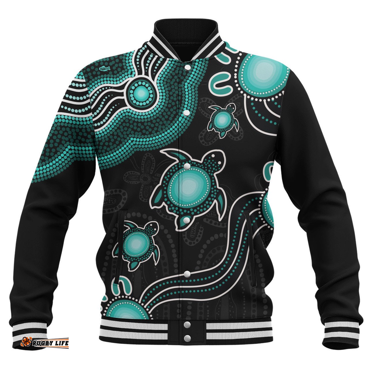 Amazing Aussie Australia Aboriginal Turtle Dreaming Journey Featuring Dot Art Turquoise Baseball Jacket