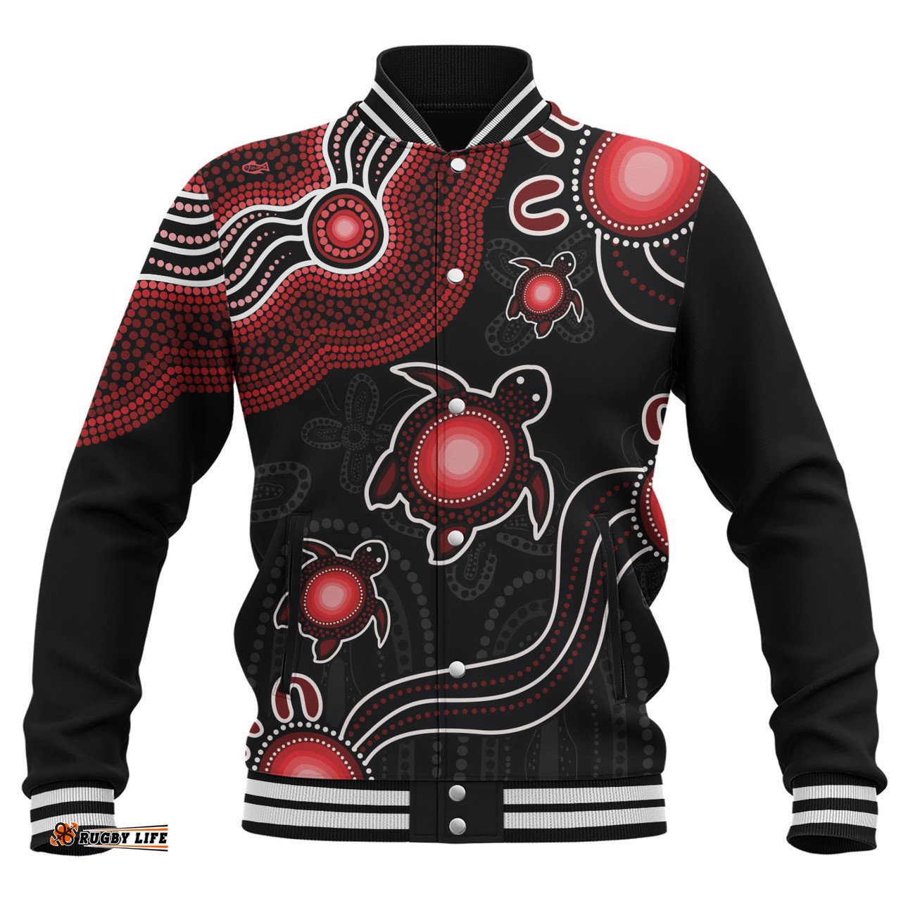 Amazing Aussie Australia Aboriginal Turtle Dreaming Journey Featuring Dot Art Red Baseball Jacket