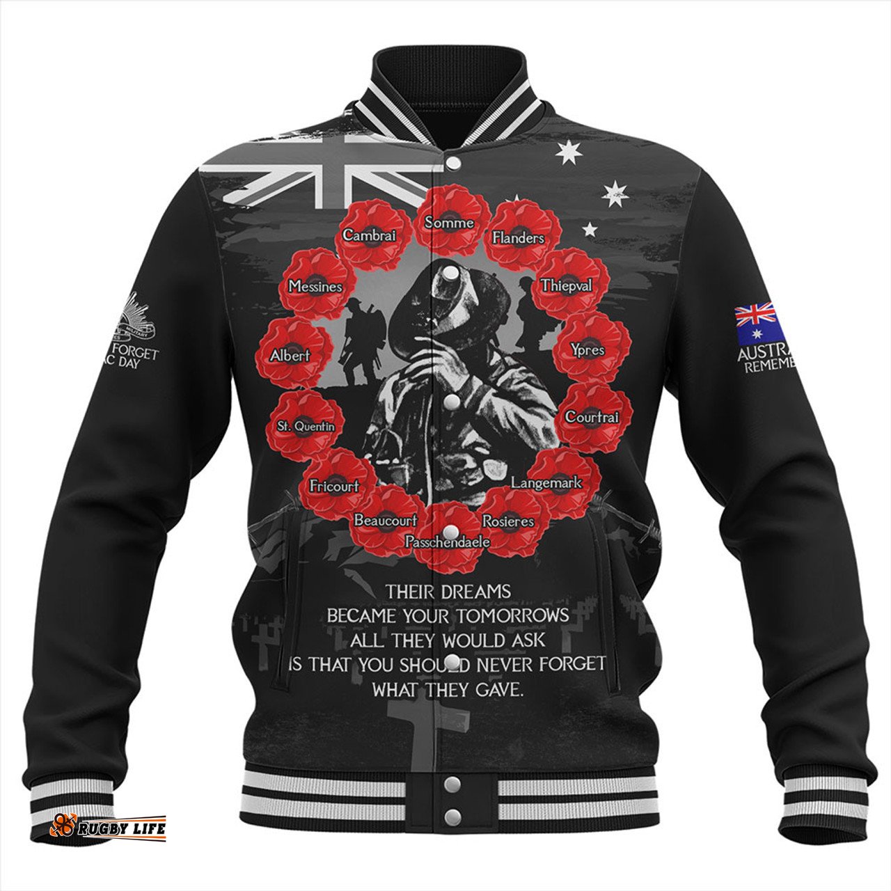Amazing Aussie Australia Anzac Day Lest We Forget Battlefields Remembered Baseball Jacket