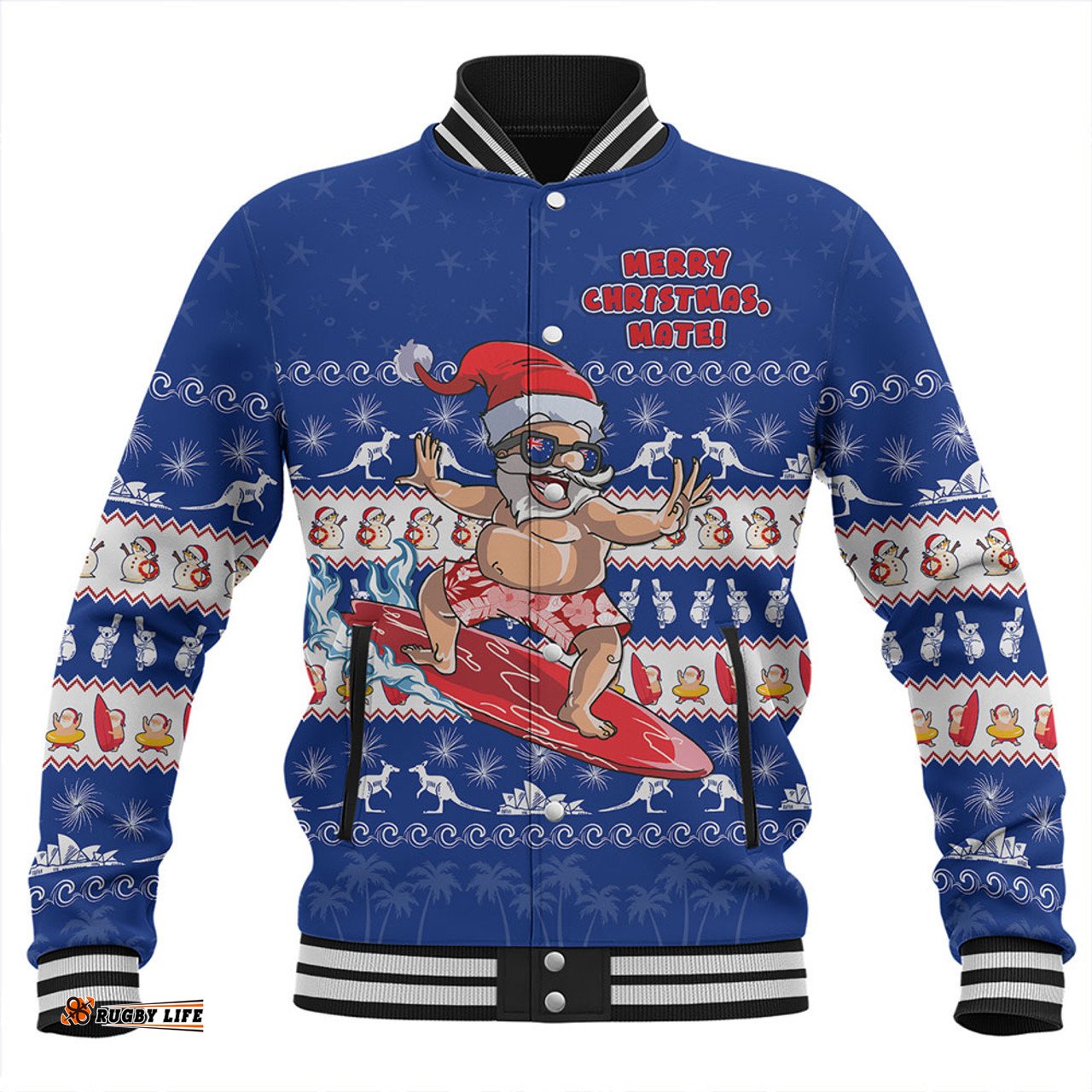 Amazing Aussie Australia Merry Christmas Mate Surf's Up Santa Blue Baseball Jacket