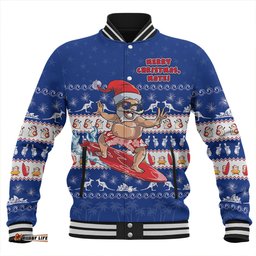 Amazing Aussie Australia Merry Christmas Mate Surf's Up Santa Blue Baseball Jacket