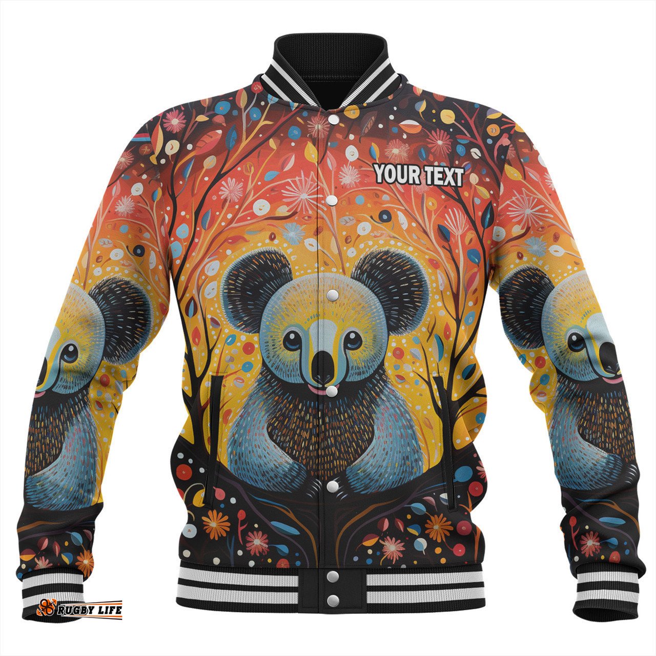 Australia Koala Custom Baseball Jacket - Aboriginal Koala With Flowers Baseball Jacket