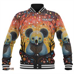 Australia Koala Custom Baseball Jacket - Aboriginal Koala With Flowers Baseball Jacket