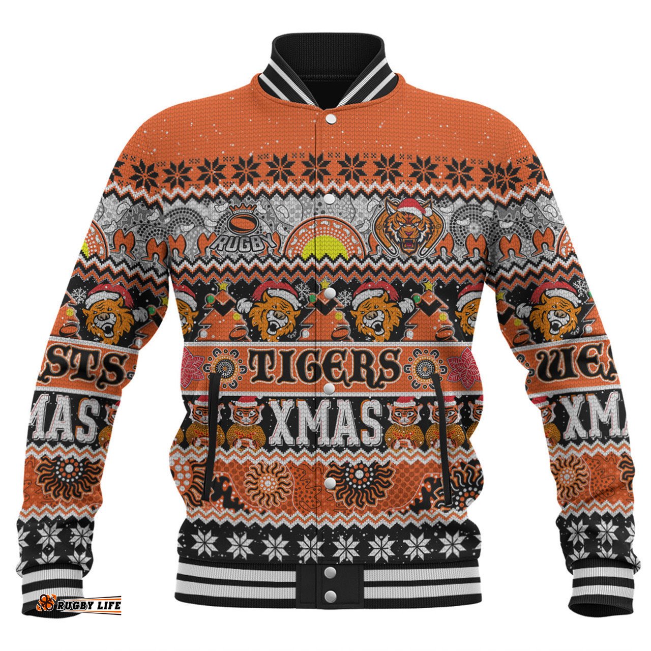 Wests Tigers Christmas Aboriginal Custom Baseball Jacket - Indigenous Knitted Ugly Xmas Style Baseball Jacket