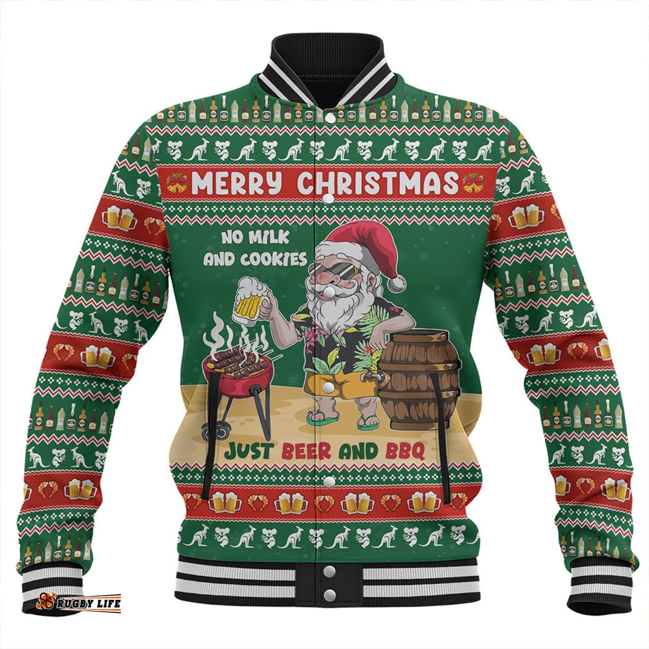 Amazing Aussie Australia Merry Christmas, Grilling Santa With Barbecue And Beer Green Baseball Jacket