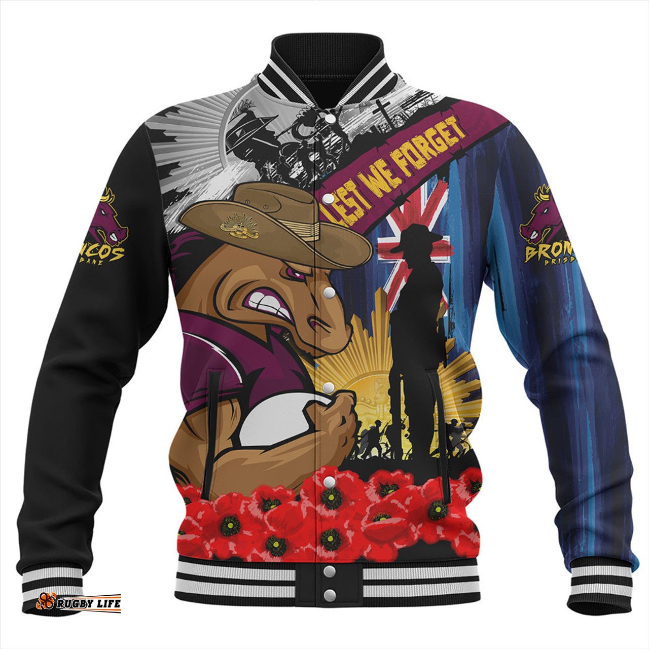 Amazing Aussie Brisbane Broncos United In Spirit Anzac Day Tribute Baseball Jacket