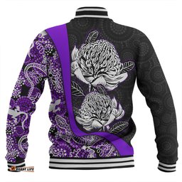 Amazing Aussie Australia Warratah Goanna Aboriginal Waratah Flowers With Purple Lizards, Stones, Sand Dot Art Painting Inspired Baseball Jacket