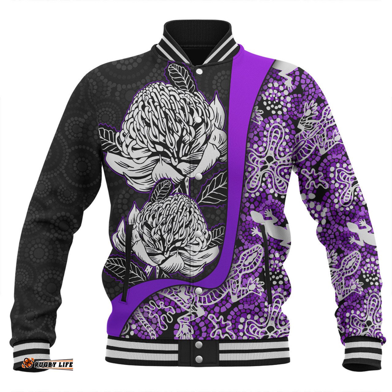 Amazing Aussie Australia Warratah Goanna Aboriginal Waratah Flowers With Purple Lizards, Stones, Sand Dot Art Painting Inspired Baseball Jacket