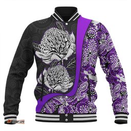 Amazing Aussie Australia Warratah Goanna Aboriginal Waratah Flowers With Purple Lizards, Stones, Sand Dot Art Painting Inspired Baseball Jacket