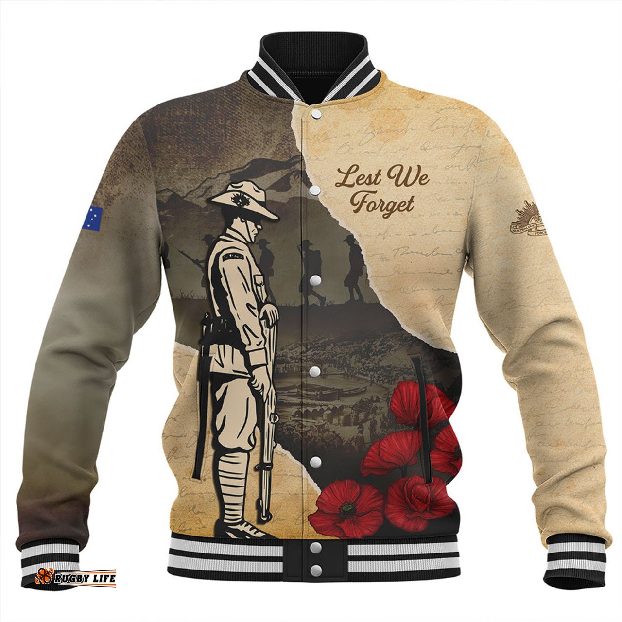 Amazing Aussie Australia Anzac Day Lest We Forget Letters From The Battlefield Baseball Jacket