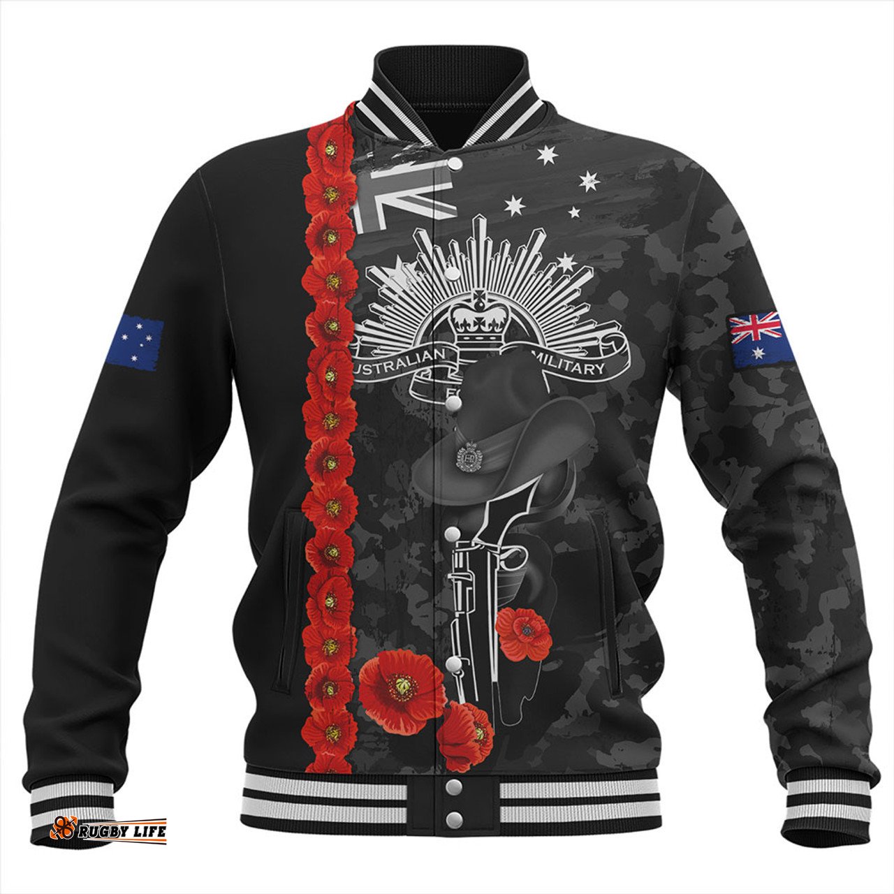 Amazing Aussie Australia Poppy Line Anzac Memorial Black Baseball Jacket