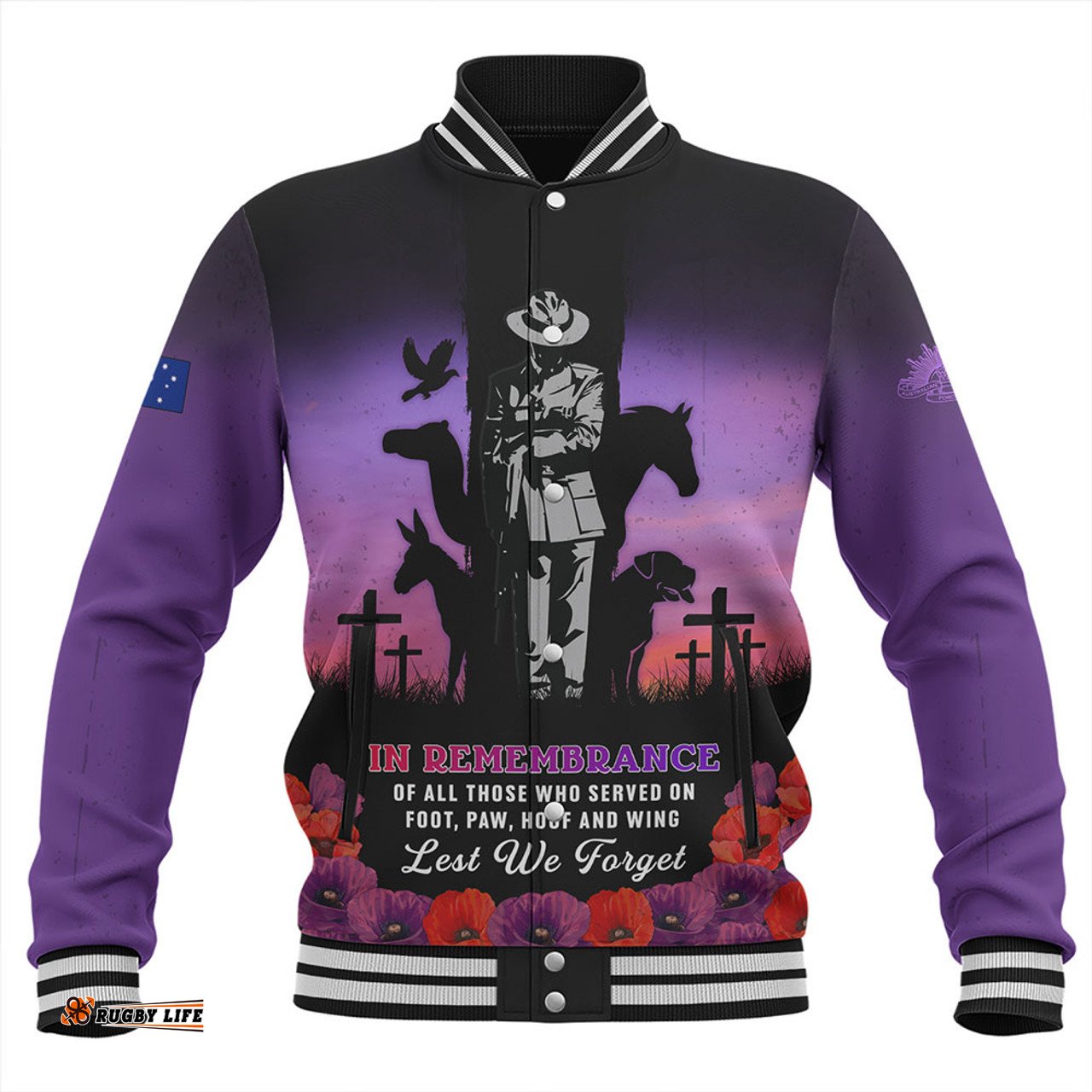 Amazing Aussie Australia Anzac Day Lest We Forget War Animals Purple Poppy Baseball Jacket