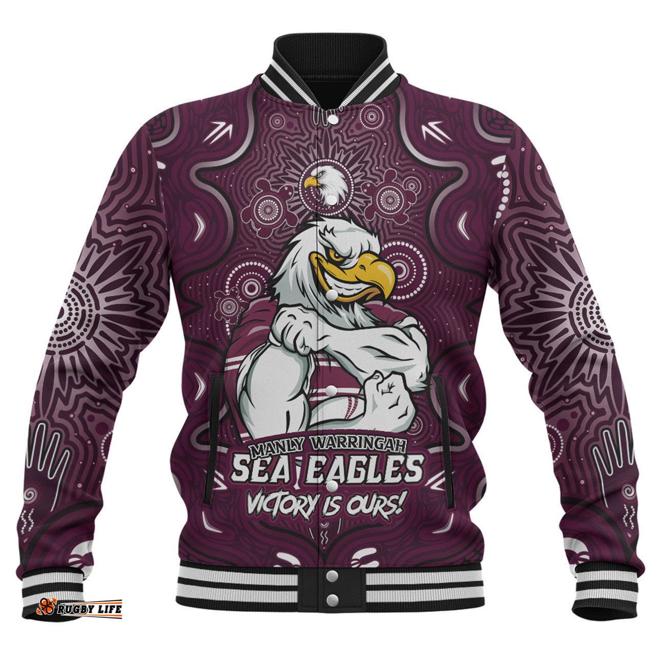 Amazing Aussie Manly Warringah Sea Eagles Aboriginal Pattern Inspired Victory Is Ours Baseball Jacket