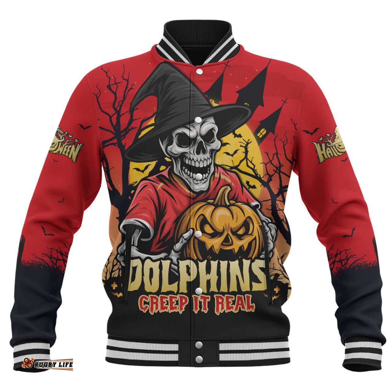 Amazing Aussie Redcliffe Dolphins Dark Moon Rugby Halloween Battle Edition Baseball Jacket