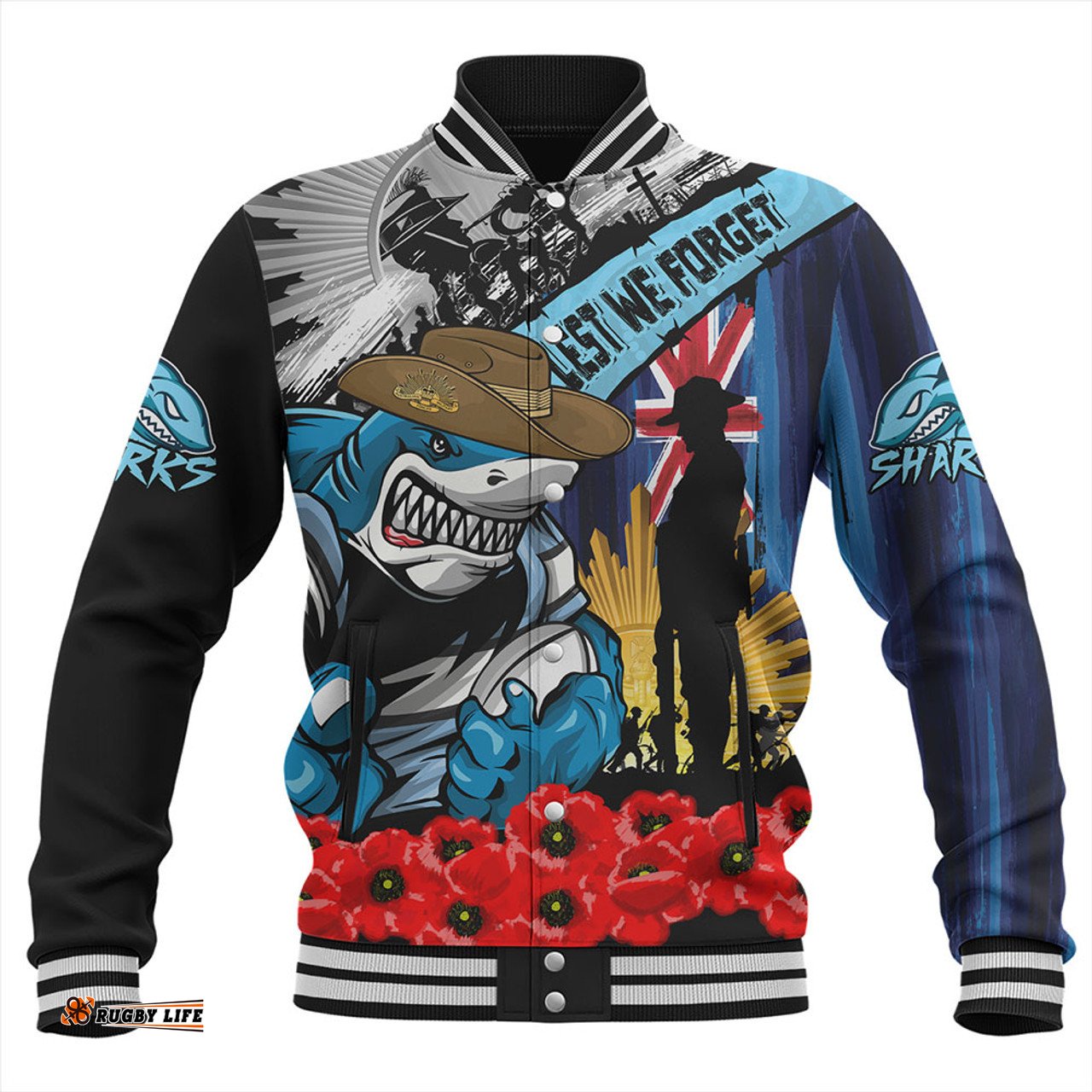 Amazing Aussie Cronulla Sutherland Sharks United In Spirit Anzac Day Tribute Baseball Jacket