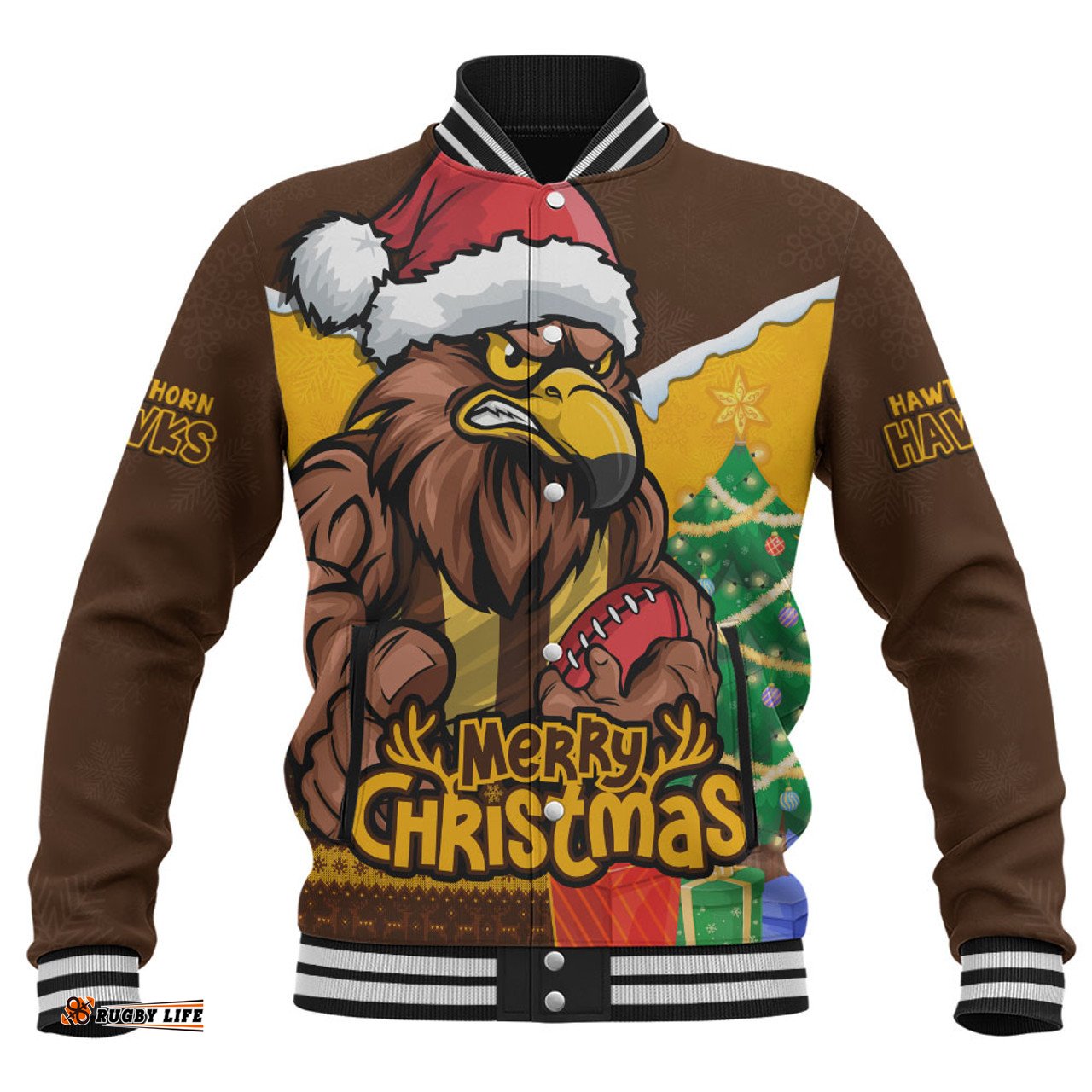 Amazing Aussie Hawthorn Santa Scoring Touchdown On Christmas Game Day Baseball Jacket