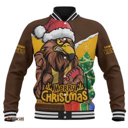 Amazing Aussie Hawthorn Santa Scoring Touchdown On Christmas Game Day Baseball Jacket