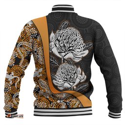 Amazing Aussie Australia Warratah Goanna Aboriginal Waratah Flowers With Orange Lizards, Stones, Sand Dot Art Painting Inspired Baseball Jacket