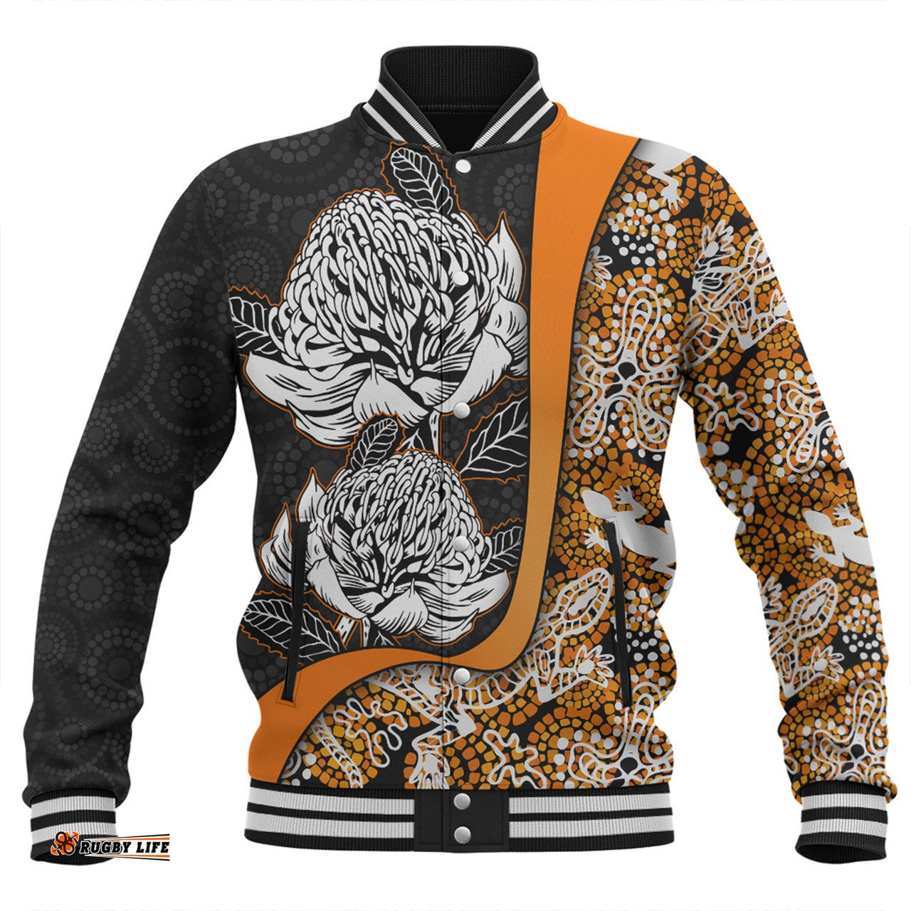Amazing Aussie Australia Warratah Goanna Aboriginal Waratah Flowers With Orange Lizards, Stones, Sand Dot Art Painting Inspired Baseball Jacket
