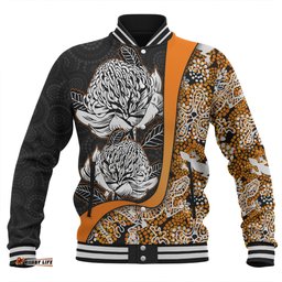 Amazing Aussie Australia Warratah Goanna Aboriginal Waratah Flowers With Orange Lizards, Stones, Sand Dot Art Painting Inspired Baseball Jacket