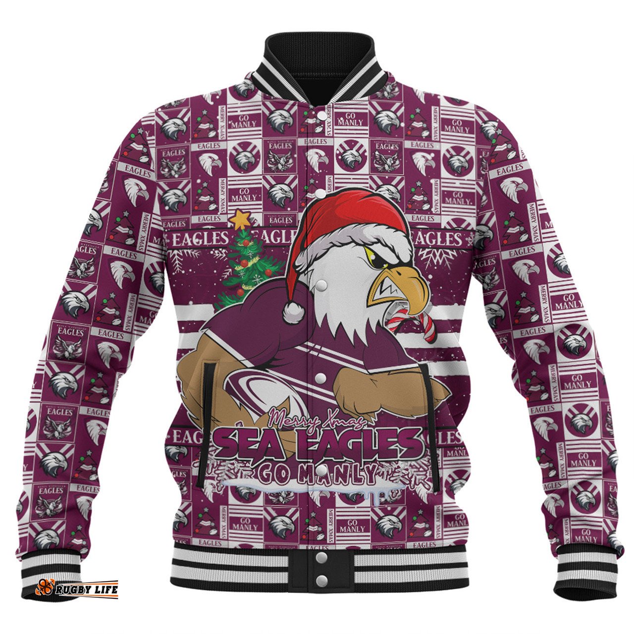 Amazing Aussie Manly Warringah Sea Eagles Merry Ugly Christmas Comic Style Baseball Jacket