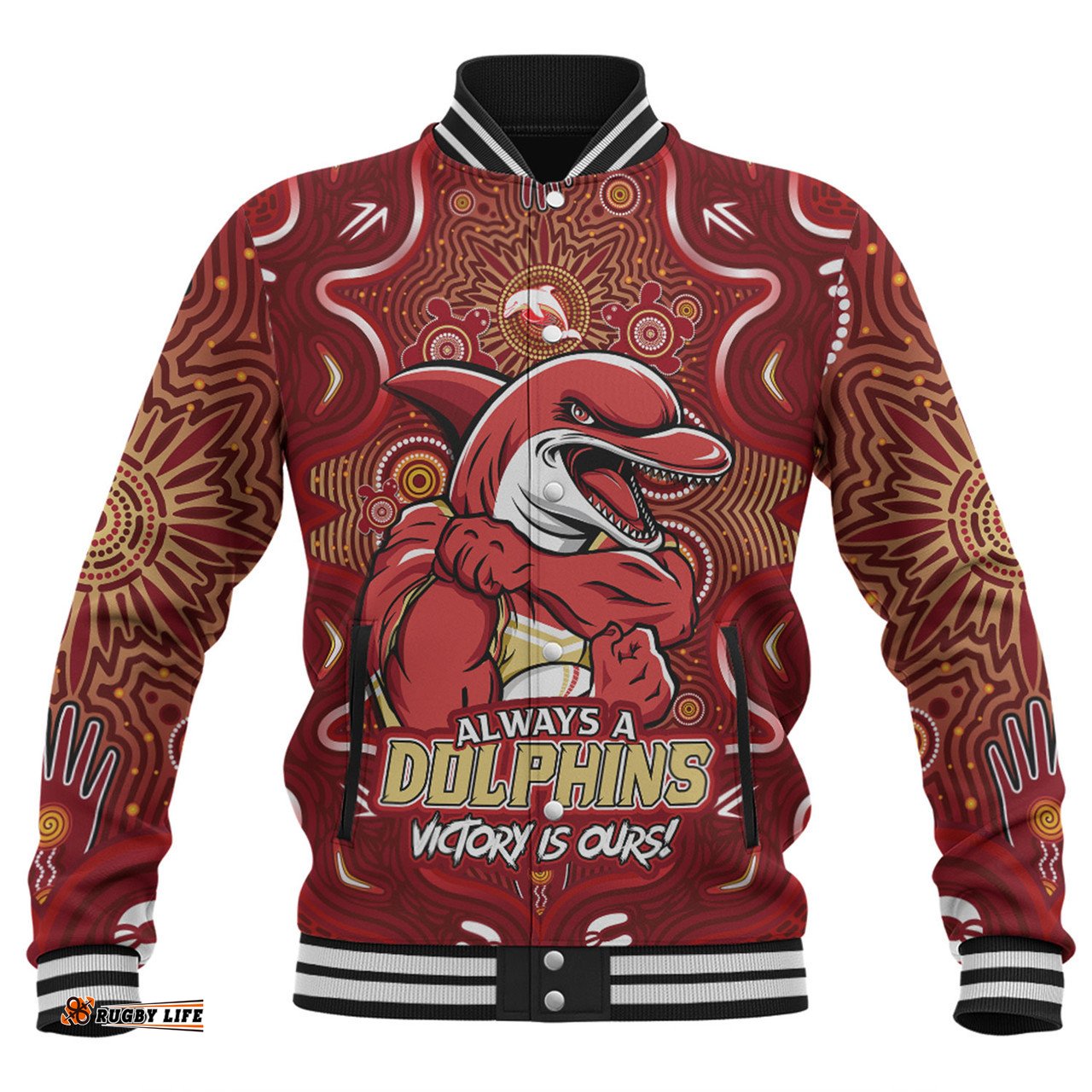 Amazing Aussie Redcliffe Dolphins Aboriginal Pattern Inspired Victory Is Ours Baseball Jacket